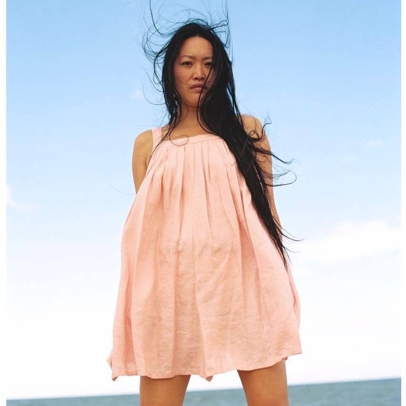 L.F. Markey Basic Linen Oversized Pleated Romper Petal Pink-2 - Picture 1 of 11